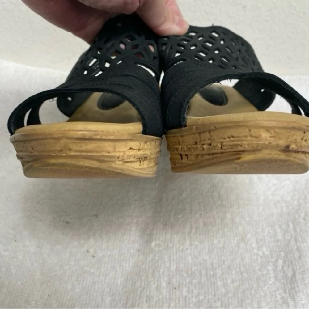 Spring Step Women Black Leather Perforate Faux Cork Wedge Platform Sandal Sz 7.5